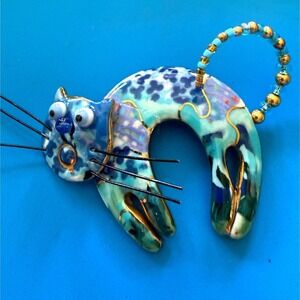Vintage Cat Brooch Pin Signed Blue Whiskers Cynthia Chuang Articulated Beaded